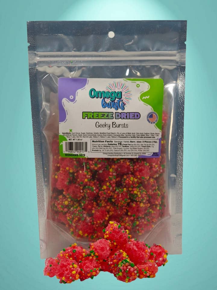 Omega Bursts Freeze Dried Geeky Bursts (1.5 oz) | Sweet, Crunchy, & Fun Candy Treat for wholesale by Omega Bursts