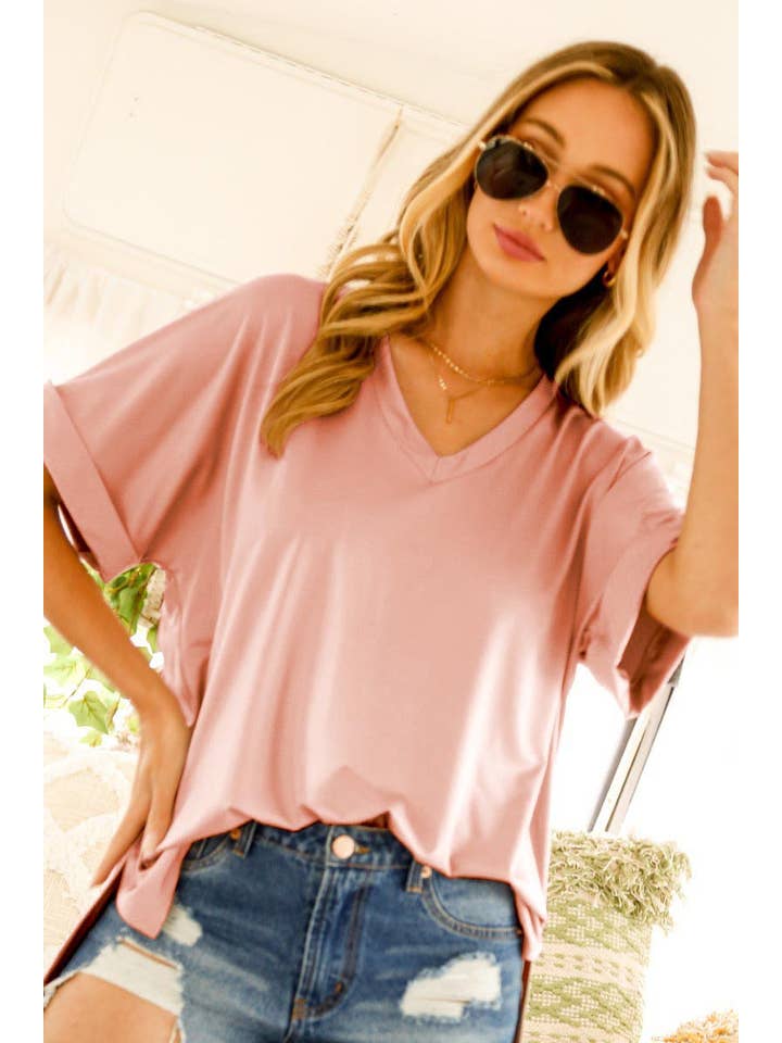 Vine & Love - Wholesale Knit Top - Women's - V-Neck Short Roll-Up Sleeve Casual Knit Top VT60441A