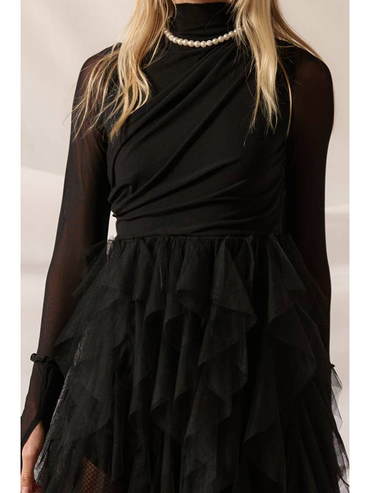 Black Ruffled Mesh Long-Sleeve Mock-Neck Maxi Dress for wholesale on Faire