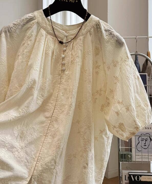 Whisper Mint - Vente Chemise à col boutonné – femme - Chemise à manches courtes à broderies épaisses de style chinois élégant 2