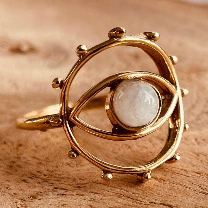 Golden Eye Moonstone Ring / Unique Gemstone Ring / Unisex Ring / Illuminati / Third Eye / Boho / Ethnic / Rustic / Gypsy / Psy / Thumb for wholesale by Kaali Boutique