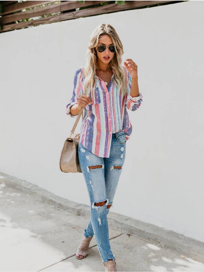 PURPLE FASHION CONTRAST COLOR STRIPED FASHION SHIRT for wholesale on Faire