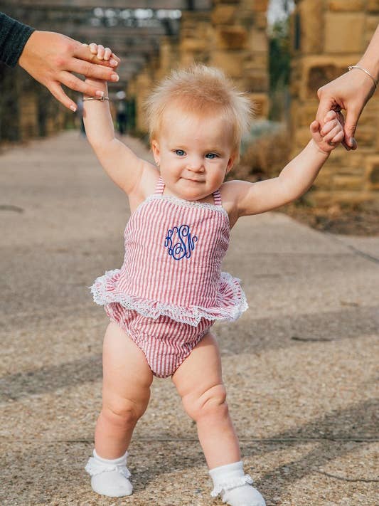 OFERTA Bañador de Una Pieza con Encaje de Seersucker - Rojo para venta al por mayor de Love That Cotton