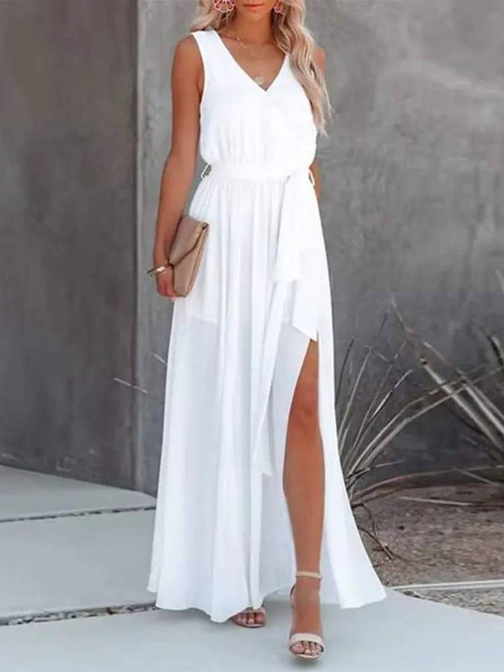 sleeveless v neck high slit belted casual dress for wholesale by Fashion Combination