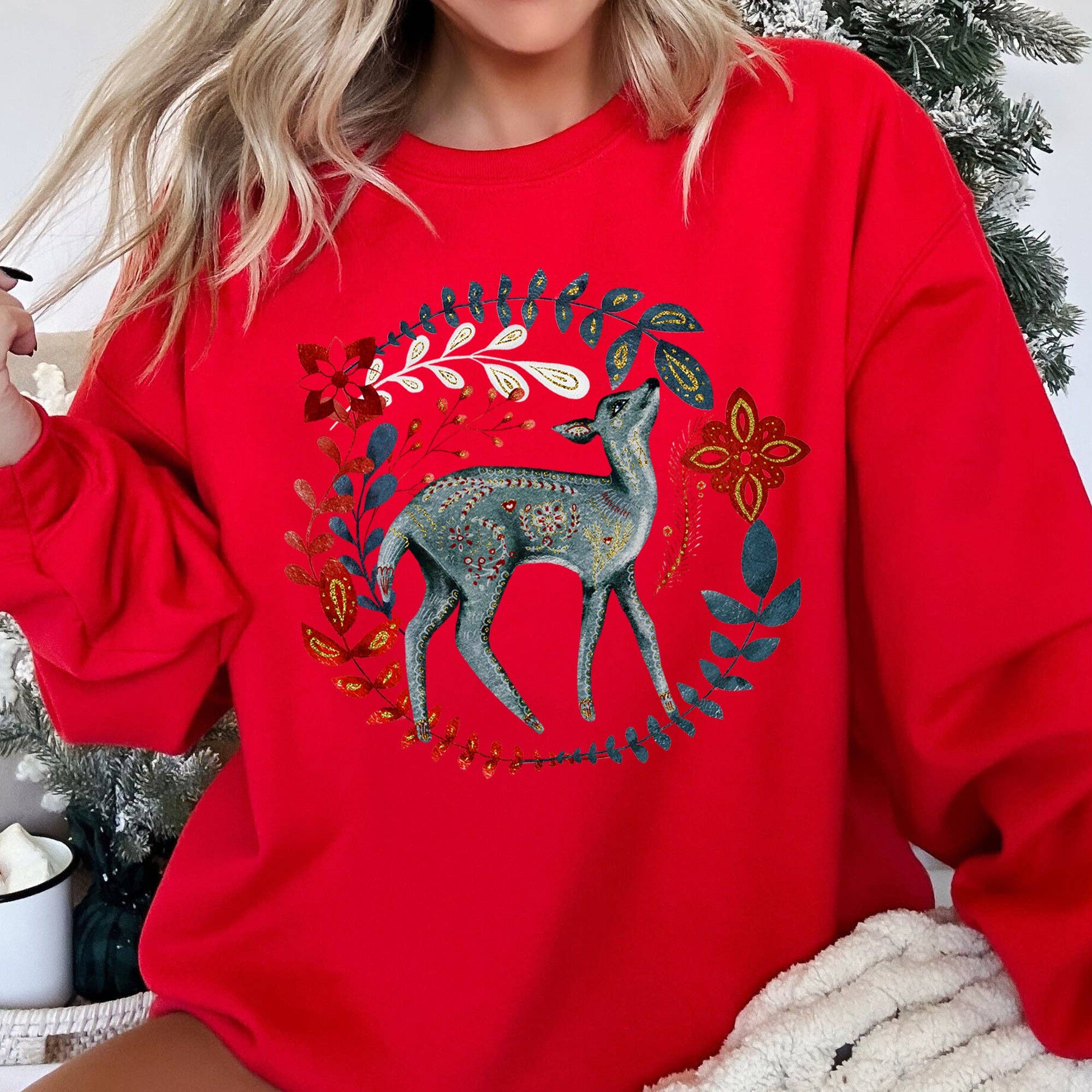 Refinery Number One LLC – wholesale Graphic sweatshirt – Women’s – Deer Folk Art Scandinavian Christmas Sweatshirt9