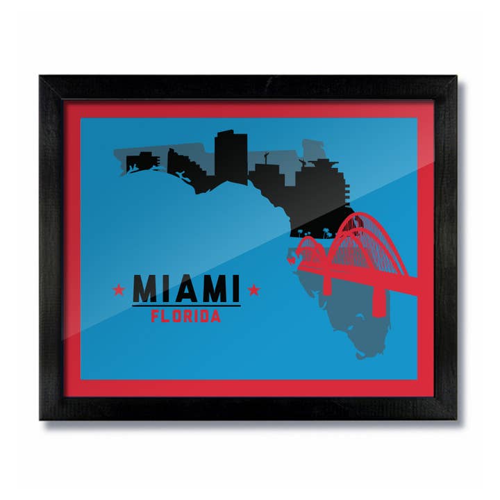 Miami, Florida Skyline Print: Blue/Red Baseball for wholesale by D&W Elements