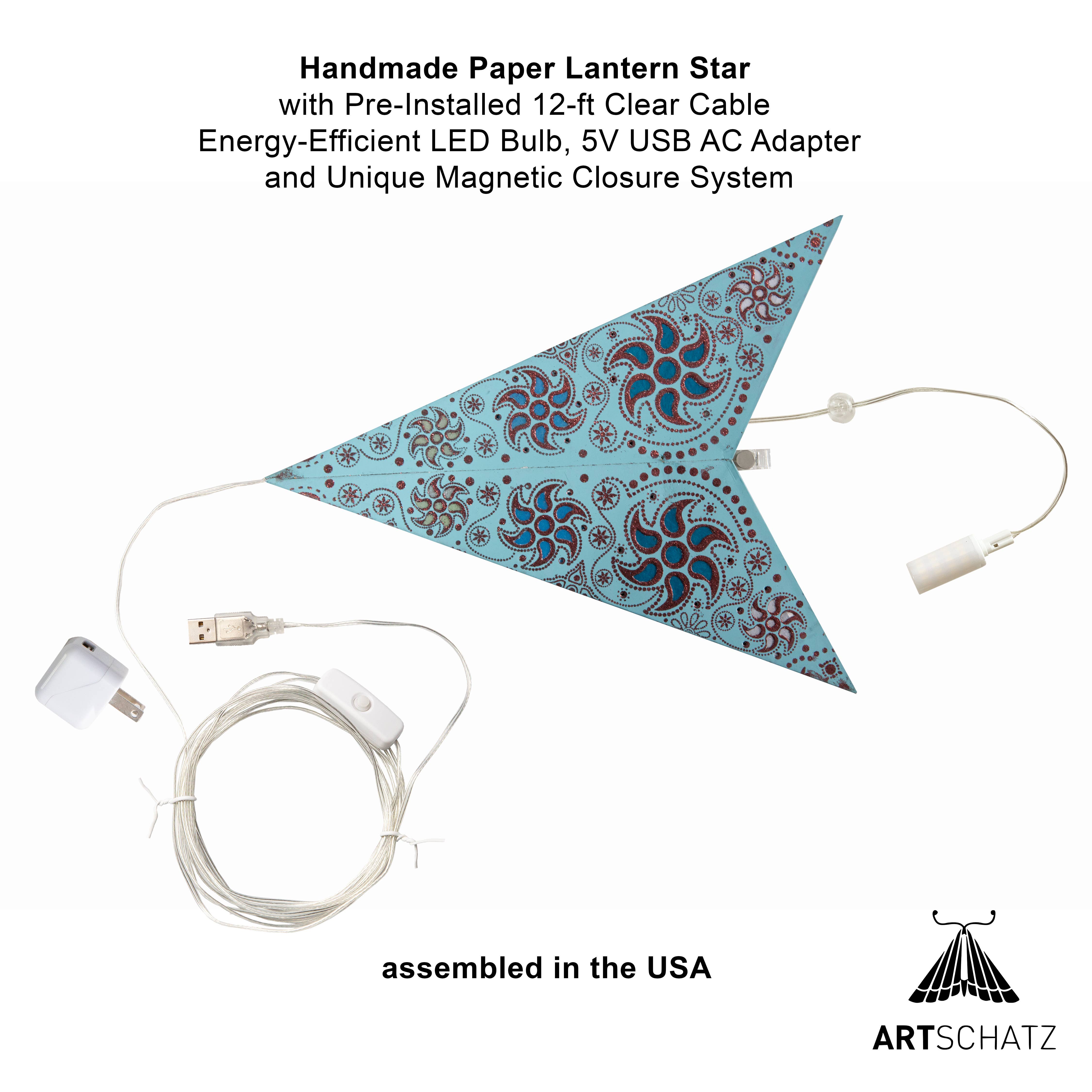 Artschatz LLC - Vente Lanterne/lampe en papier - Lanterne étoile en papier à paillettes Siklon 5 Pointer 24" turquoise2