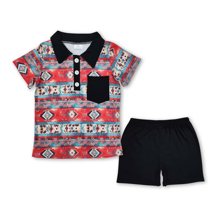 Black pocket aztec polo shirt shorts western boys outfits for wholesale by Yawoo Garments
