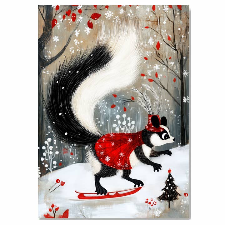 Skunk patinant avec un chapeau à plumes sur toile roulée à plat pour la vente par Art Paradise Studios