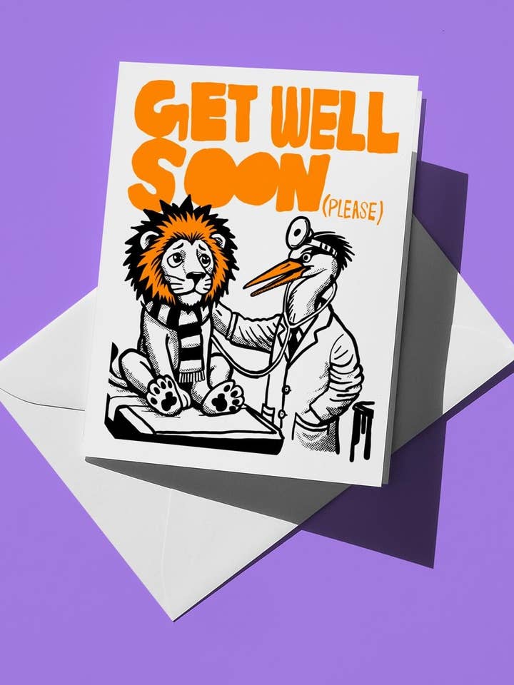 Krya på dig (snälla) kort | Sjuk lejon och storkdoktor | Söt färgglad hälsning för vänner, familj & barn för wholesale av semiserious studio