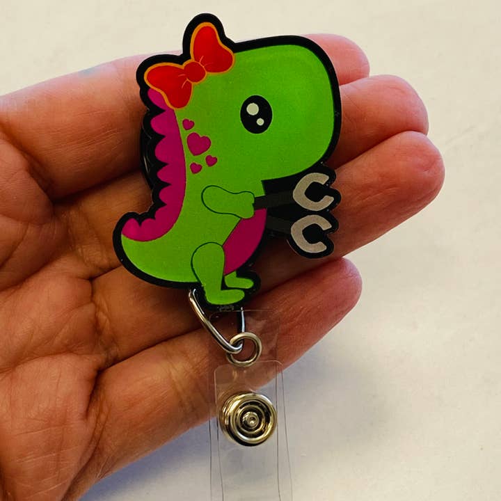 T-Rex with Bow Dinosaur Badge Reel Dinosaur Badge Reel trex for wholesale by Spellbound Rose Creations