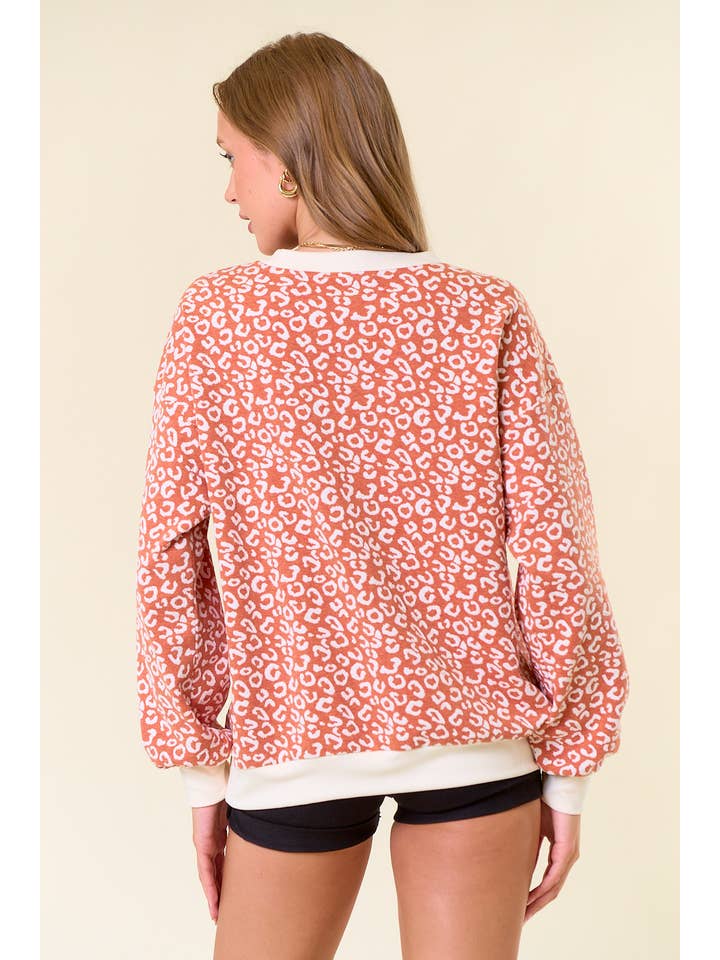 BURNT ORANGE LEOPARD Jacquard Half Snap Button-Down Sweatshirt - 44608T for wholesale on Faire