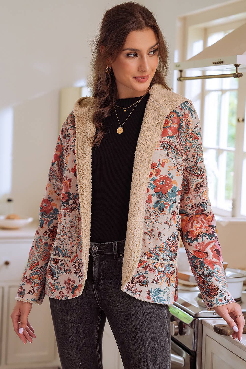 As Shown Vintage Paisley Floral Printed Sherpa Lined Hooded Jacket for wholesale on Faire4