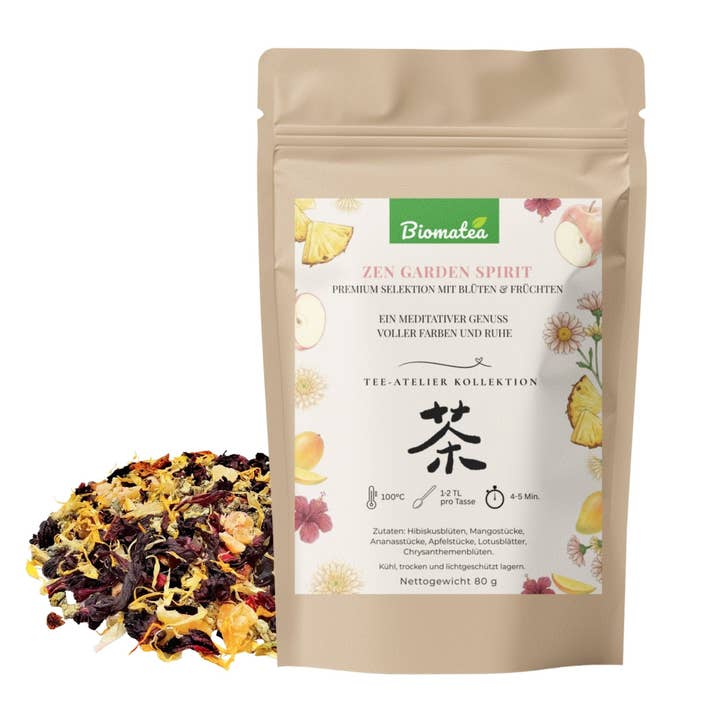 Zen Garden Spirit – Meditative Fruit Tea with Lotus Leaves & Mango (80g) – Tea Atelier Edition for wholesale by Biomatea