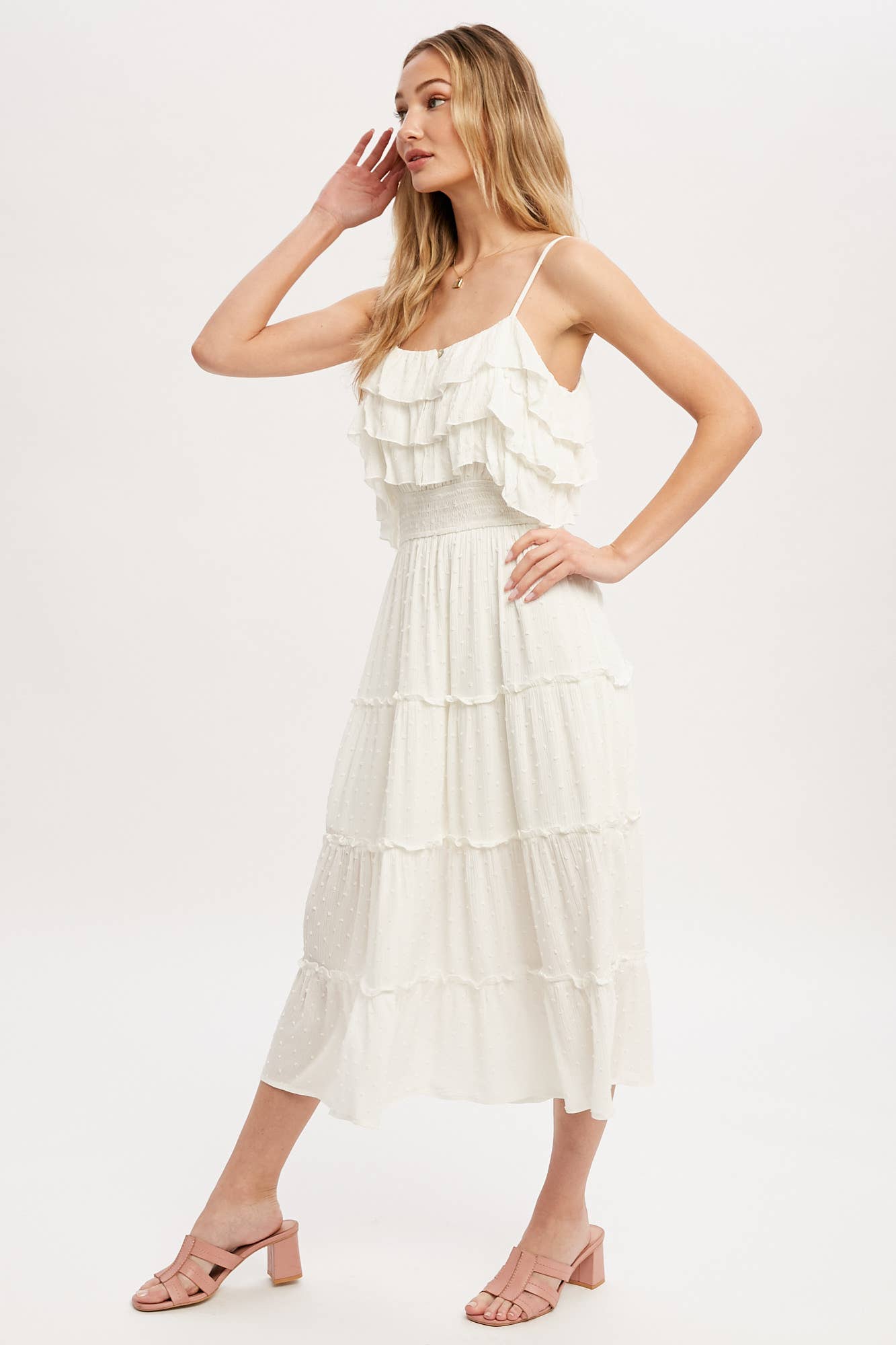 Bluivy – Großhandel Kleid – Damen – GESTUFTES MIDIKLEID MIT SCHWEIZER PUNKTEN UND RÜSCHEN4