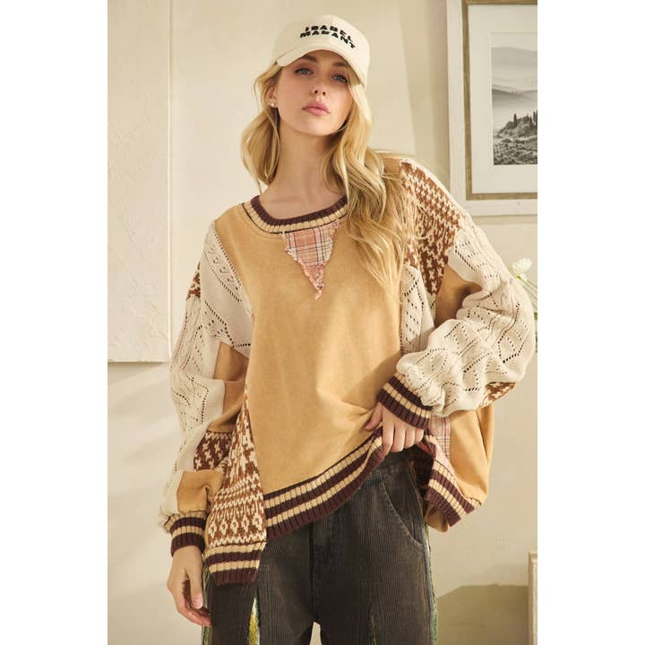 Oli&Hali - Wholesale Sweatshirt - Women's - WASHED FABRIC MIX SWEATER TOP1