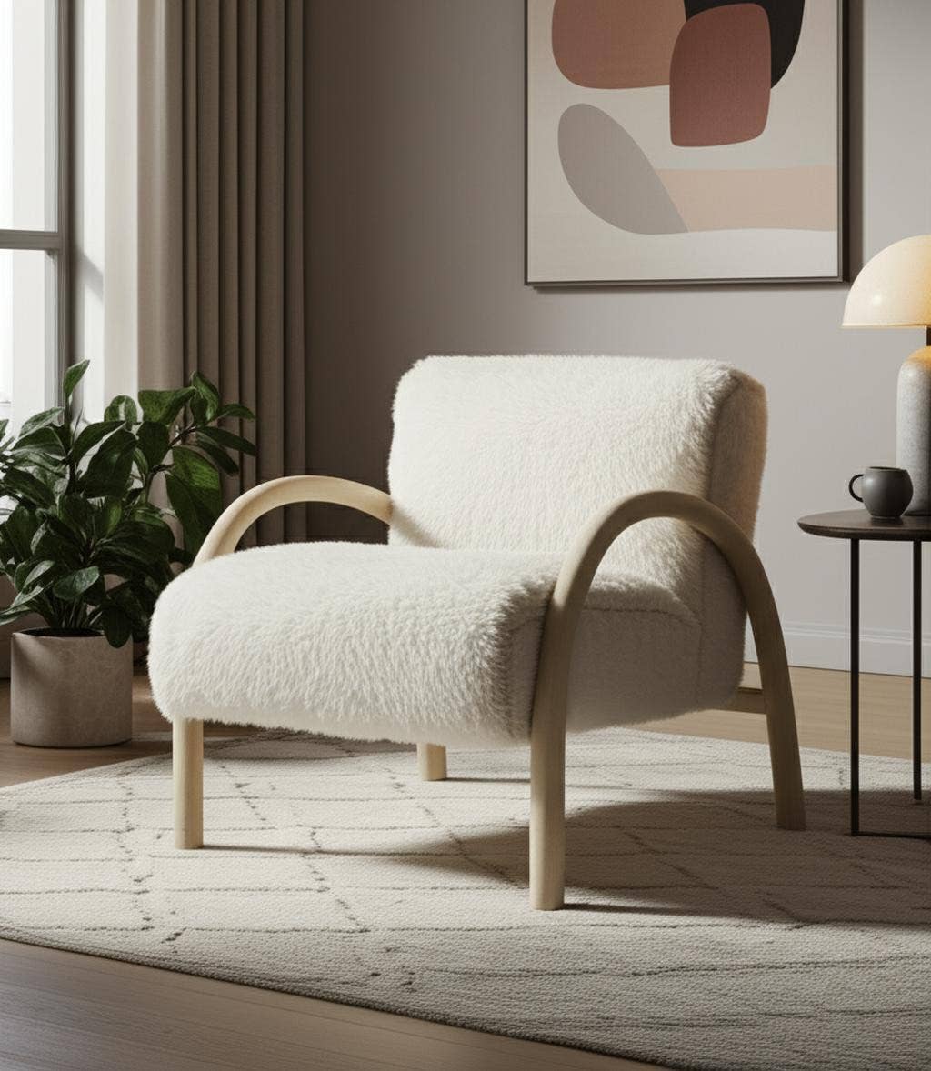 HomeRoots - Wholesale Chair - 30" Off White and Natural Faux Fur And Wood Arm Chair1