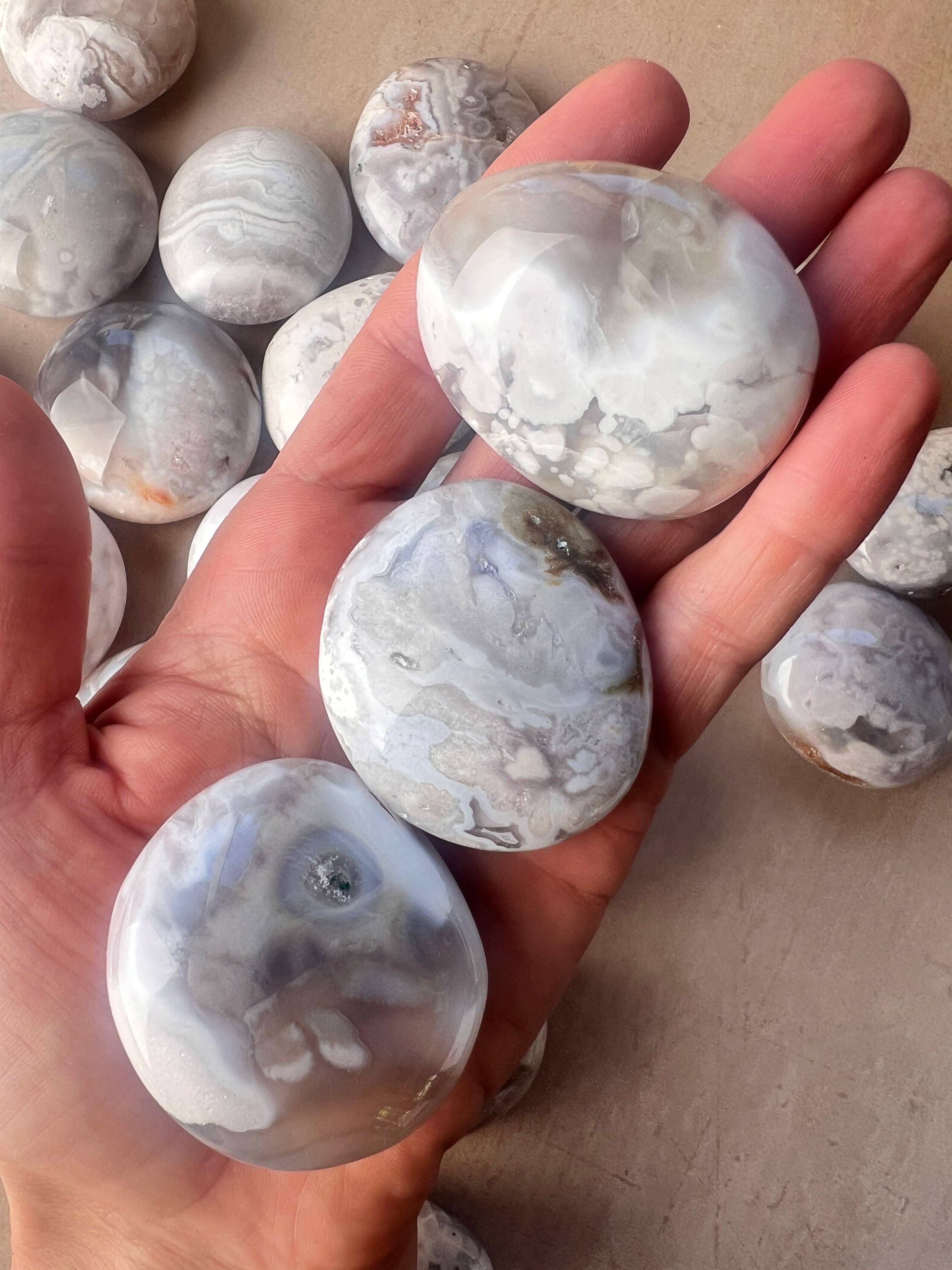 Terra Dawn Minerals - Wholesale Spiritual Stone/Crystal - Orbicular Flower Agate with Amethyst Palm Stones4