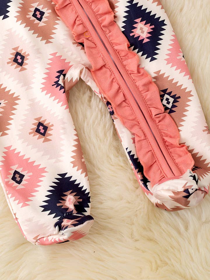 Kids Charm Online - Wholesale Jumpsuit - Baby - Pink aztec printed baby bodysuit w ruffle trim. RPG53246 SOL2