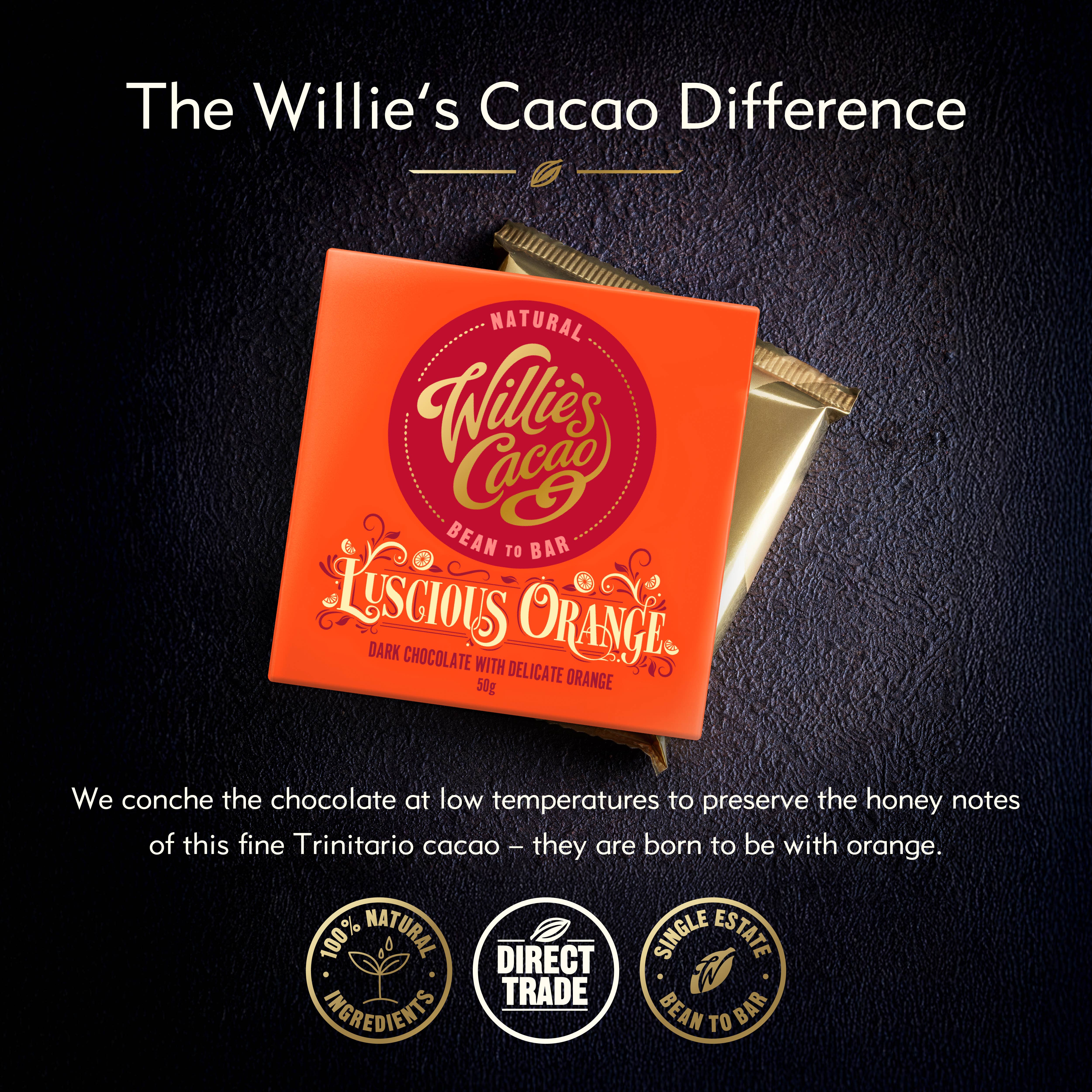 Willie's Cacao USA - Wholesale Chocolate Bar - Luscious Orange. Dark Chocolate with Orange bar. Vegan.1