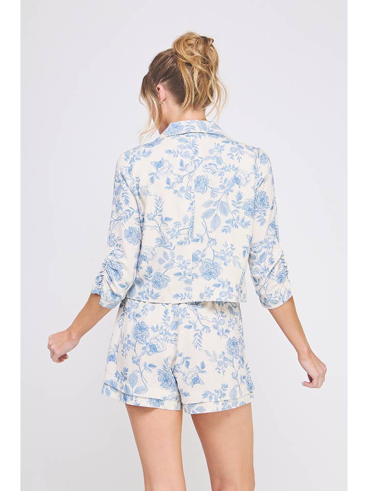 Blue Blossom Printed linen blend open crop blazer for wholesale on Faire