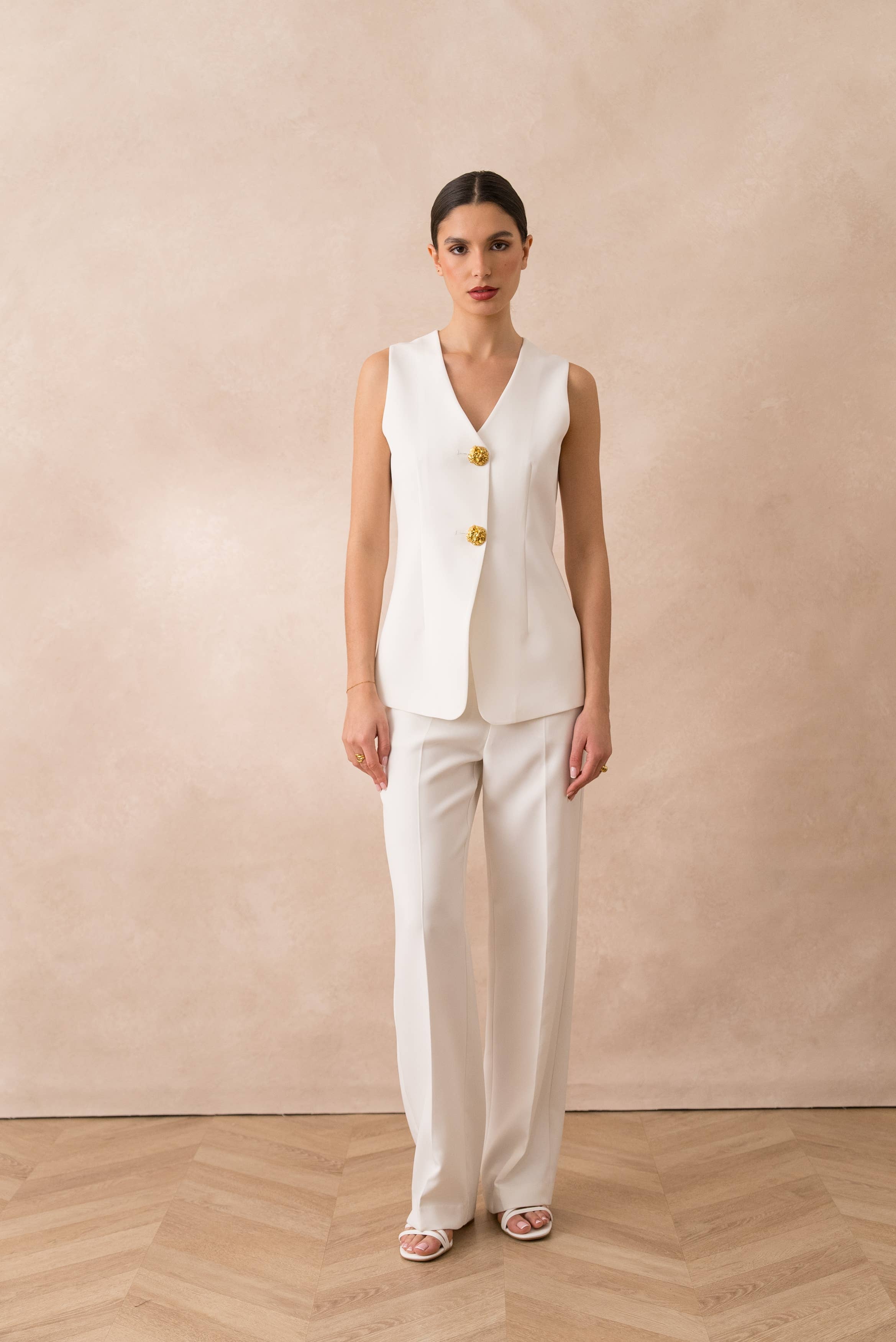 Attentif Paris - Wholesale Suit Vest - Women's - [Timeless] Long sleeveless vest with textured gold buttons8
