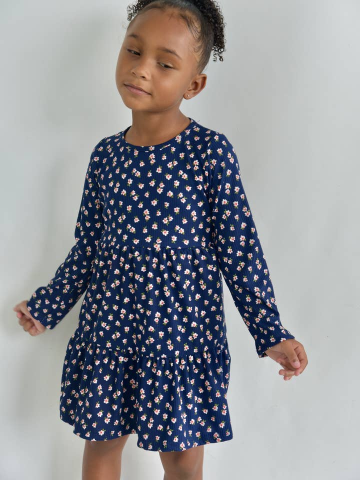 Navy floral rib little girl dress for wholesale by Areacode407KIDS