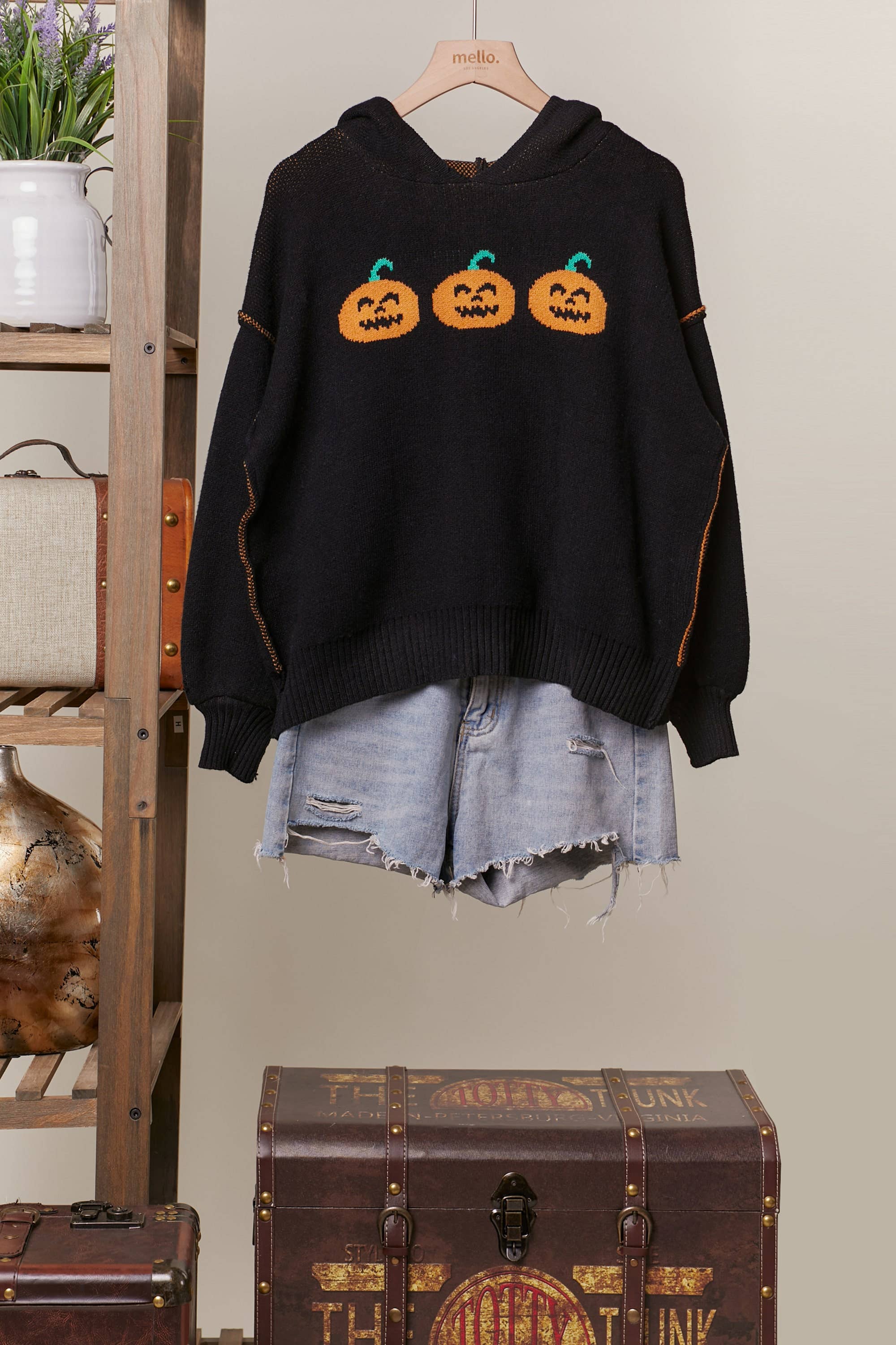 Black Hooded Halloween Sweater with Jaco O Embroidery for wholesale on Faire5
