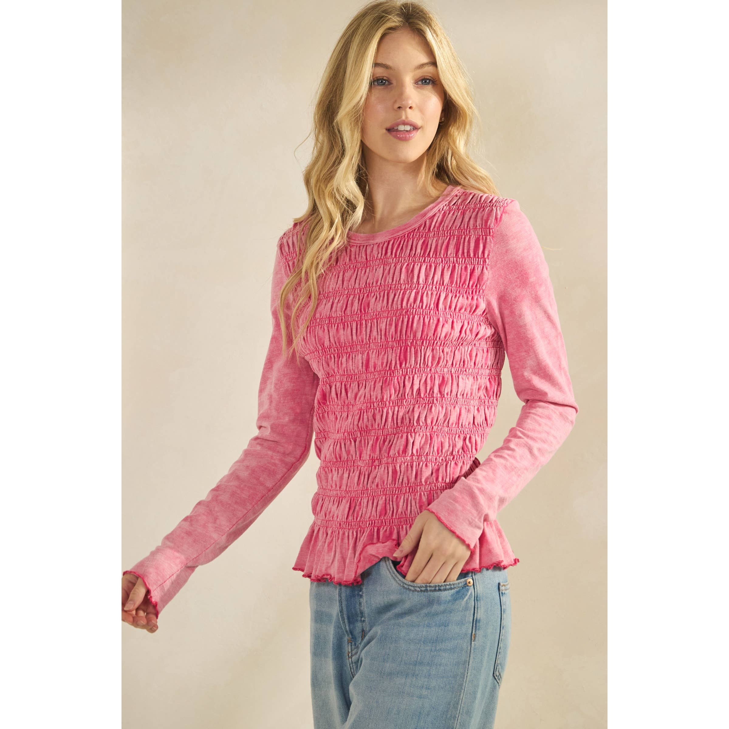 Sage + Fig - Wholesale Knit Top - Women's - SMOCKED PEPLUM LONG SLEEVE TOP (ST7986) 7