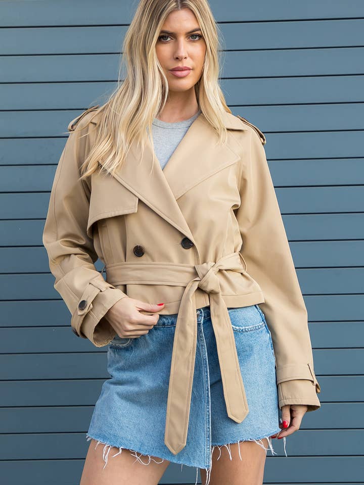 Nylon Like Crop Trench Jacket with Self Tie Belt for wholesale by 26 International