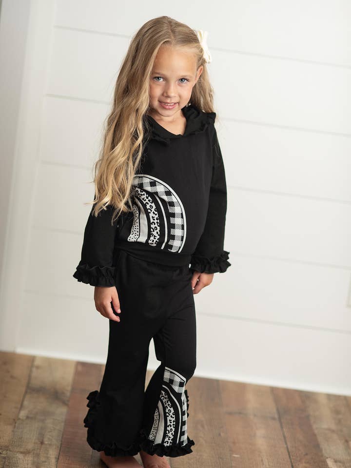 Oopsie Daisy - Wholesale Top & Pant Set - Kids - Kids Black & White Rainbow Check Hooded Ruffle Pocket Set