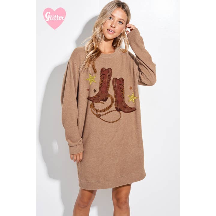 Vestido túnica de manga larga con purpurina con botas vaqueras para venta al por mayor de Phil Love