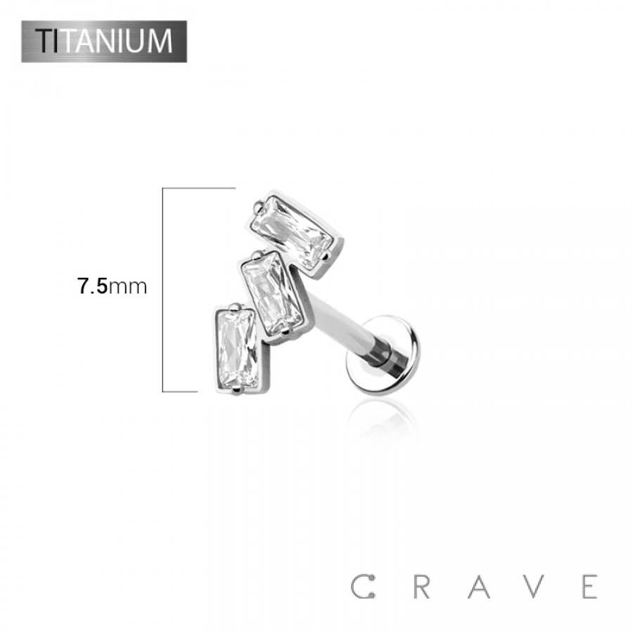 CRAVE - Wholesale Stud/Post Earrings - IMPLANT GRADE SOLID TITANIUM TRIPLE BAGUETTE LINE CZ PUSH IN2