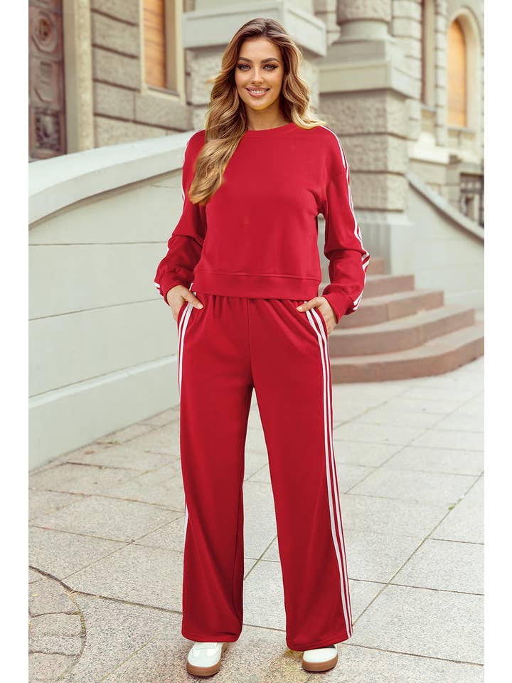 1 the Woman - Wholesale Top & Pant Set (NOT Loungewear) - Women's - Varsity Striped Cropped Pullover Wide Leg Pants 2pcs Outfit