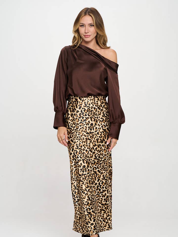 Brown Made in USA Dropped Shoulder Long Sleeve Satin Top for wholesale on Faire