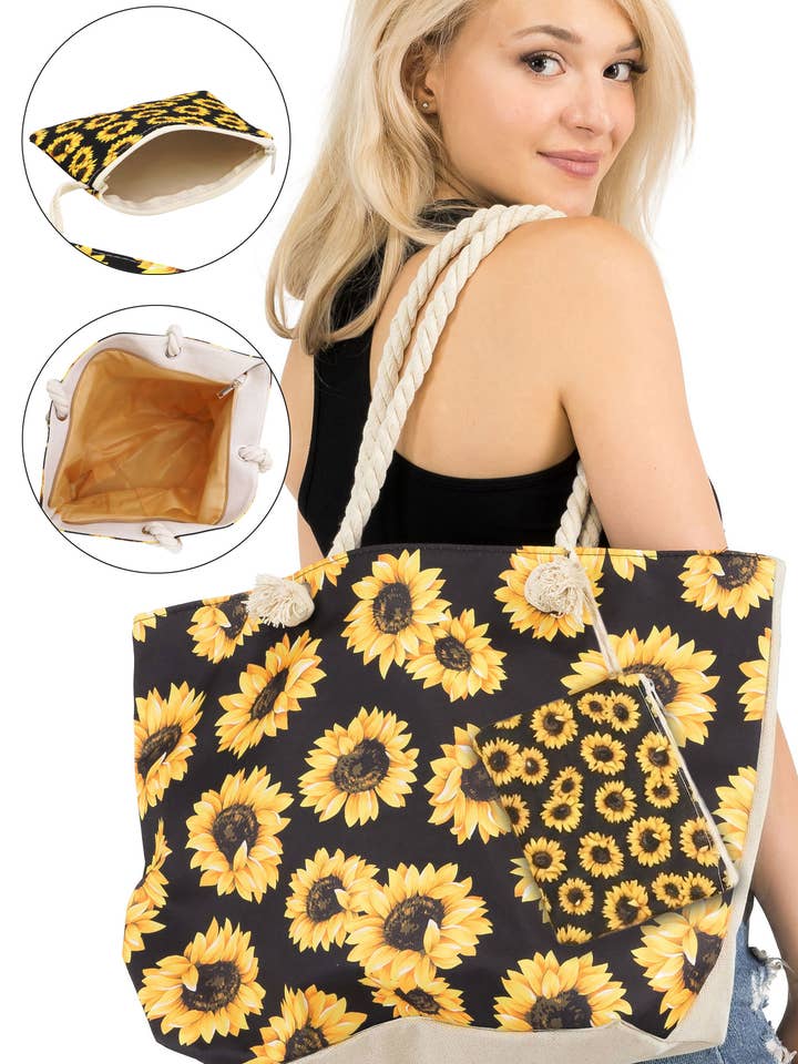 Sunflower Canvas Zippered Tote Bag Pouch Set for wholesale by Cap Zone