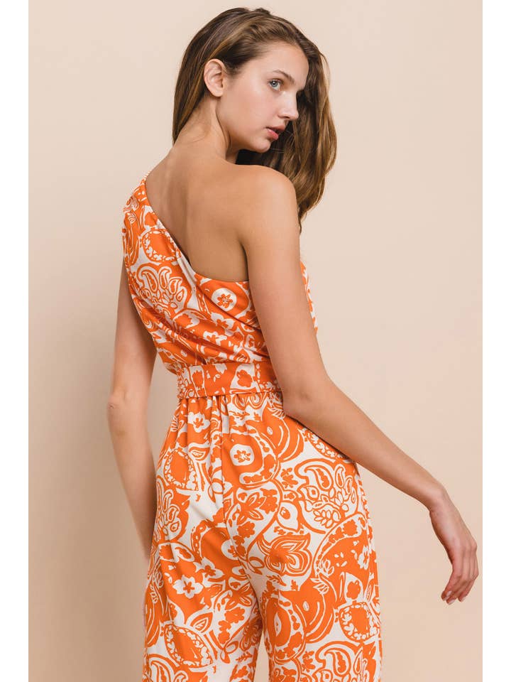ONE SHOULDER PRINTED JUMPSUIT -  4339RB ORANGE for wholesale on Faire6
