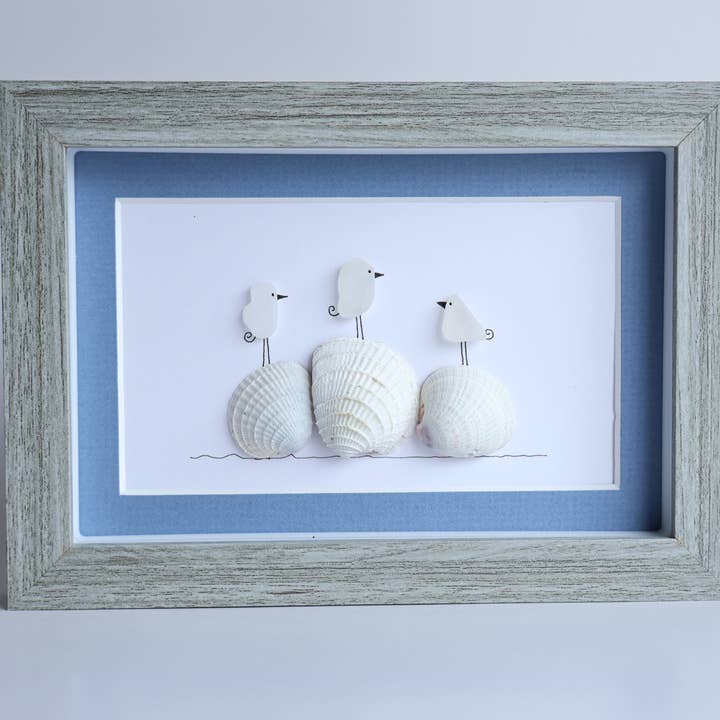 Three Sea Glass Birds on Shells Picture for wholesale by Driftsea Creations