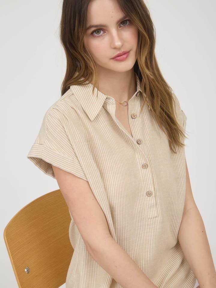 Blu Pepper - Wholesale Blouse - Women's - STRIPE HALF BUTTON COLLARED SHORT SLEEVE SHIRT
