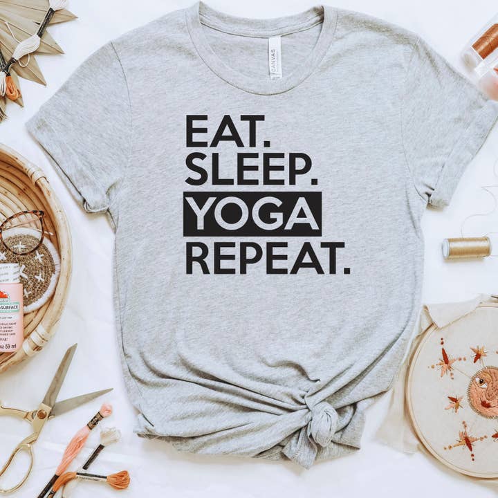 Yoga Graphic Tees Women | Eat Sleep Yoga Repeat Tee for wholesale by Joyful Moose