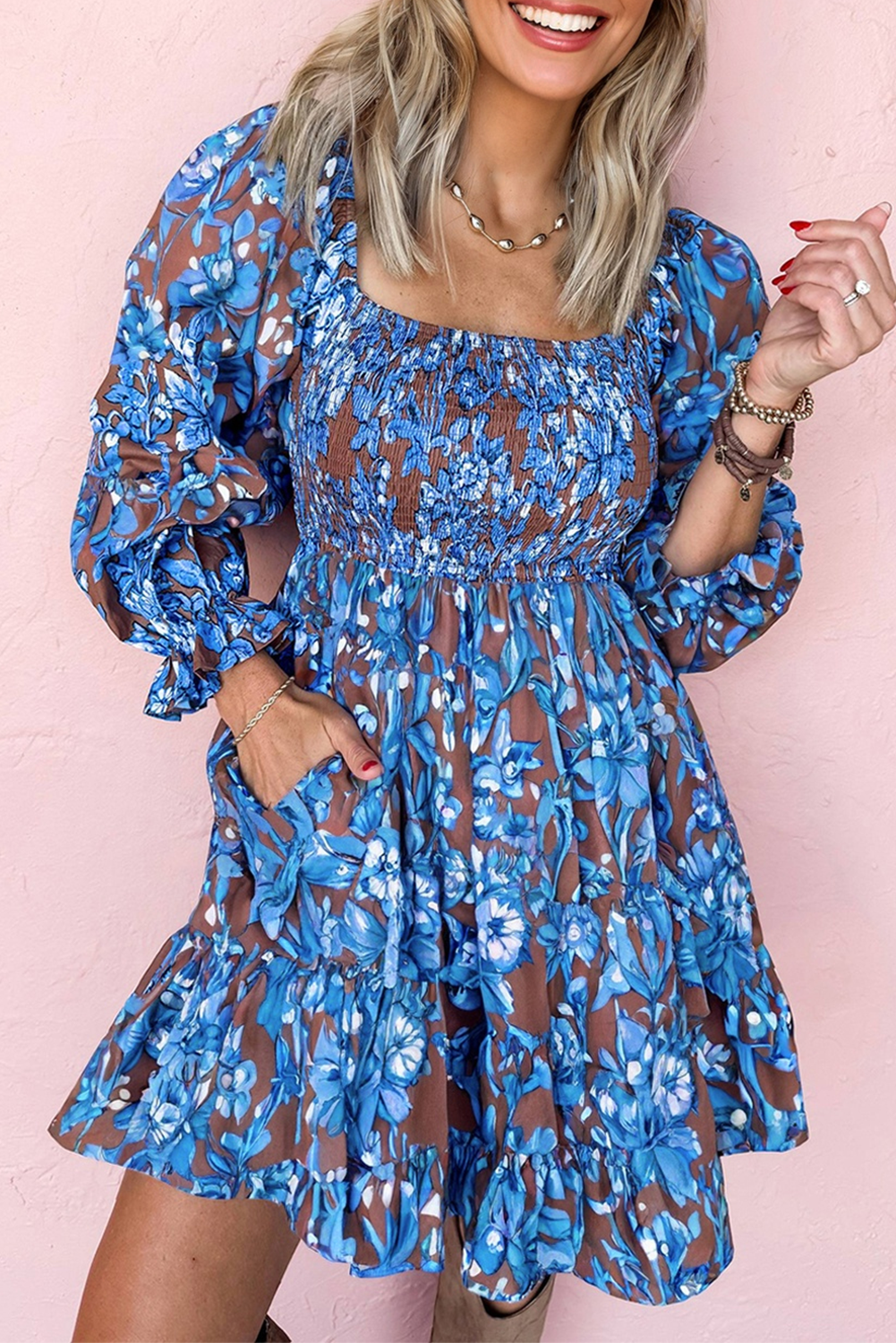 Blue Floral Smocked Bodice Ruffle Sleeve Dress for wholesale on Faire0