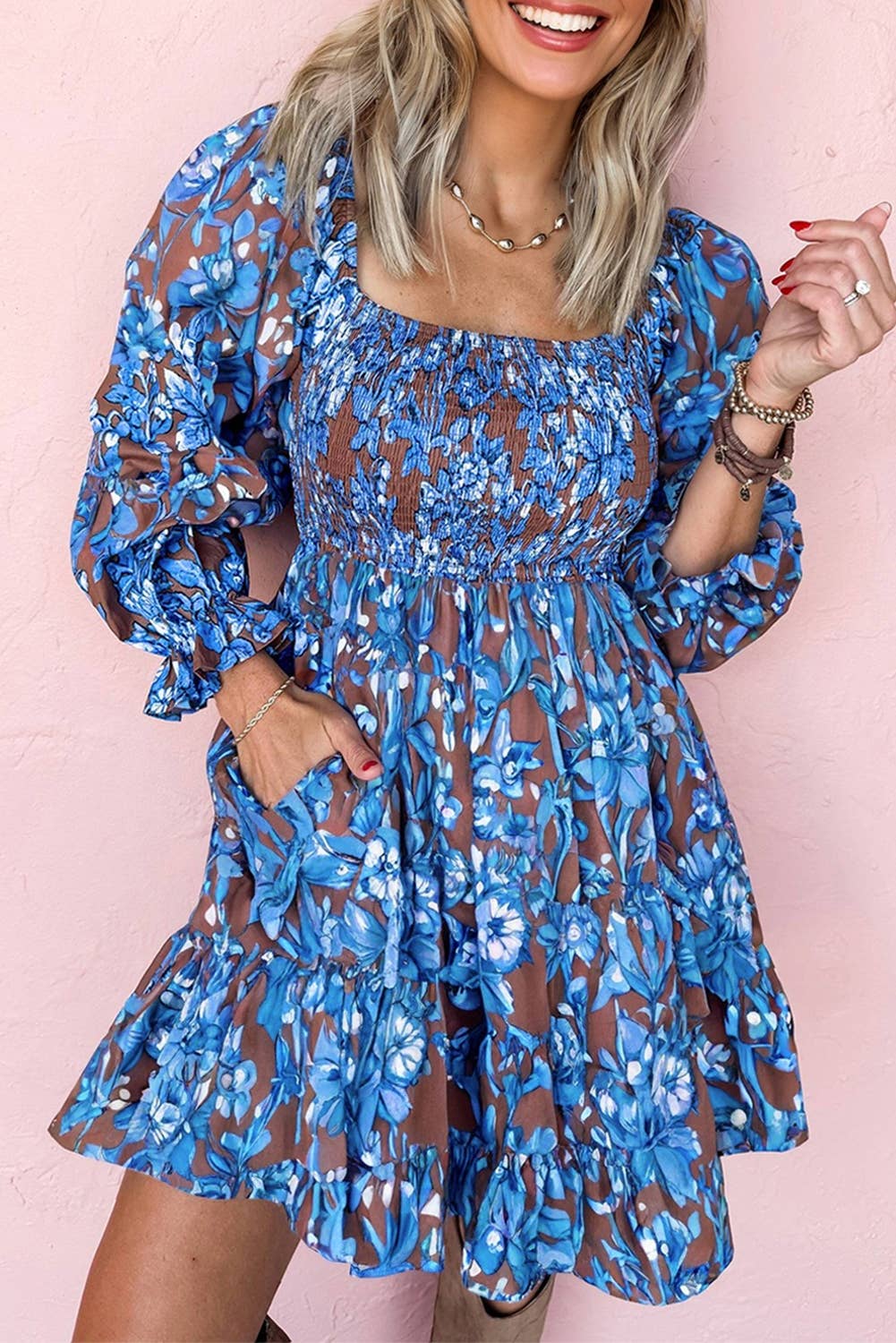 Blue Floral Smocked Bodice Ruffle Sleeve Dress for wholesale on Faire