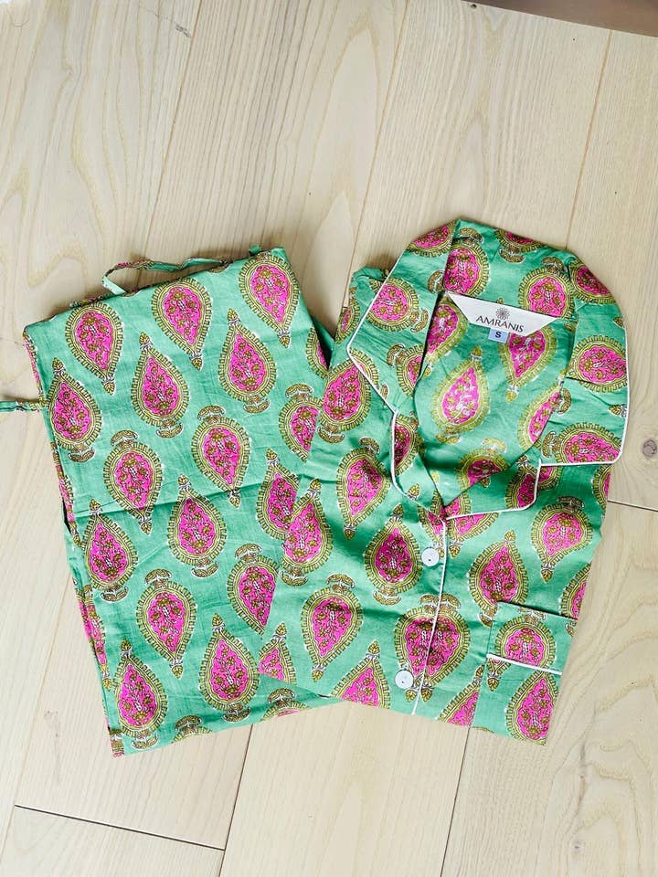 Green Block Printed Long PJ Set for wholesale by AMRANIS
