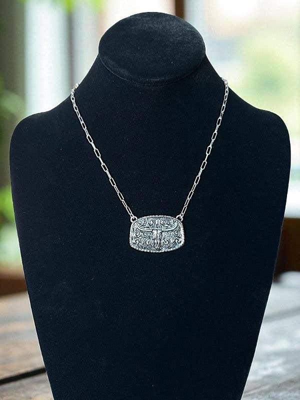 WESTERN STEER HEAD PLATE PENDANT NECKLACE for wholesale by Andrea Bijoux