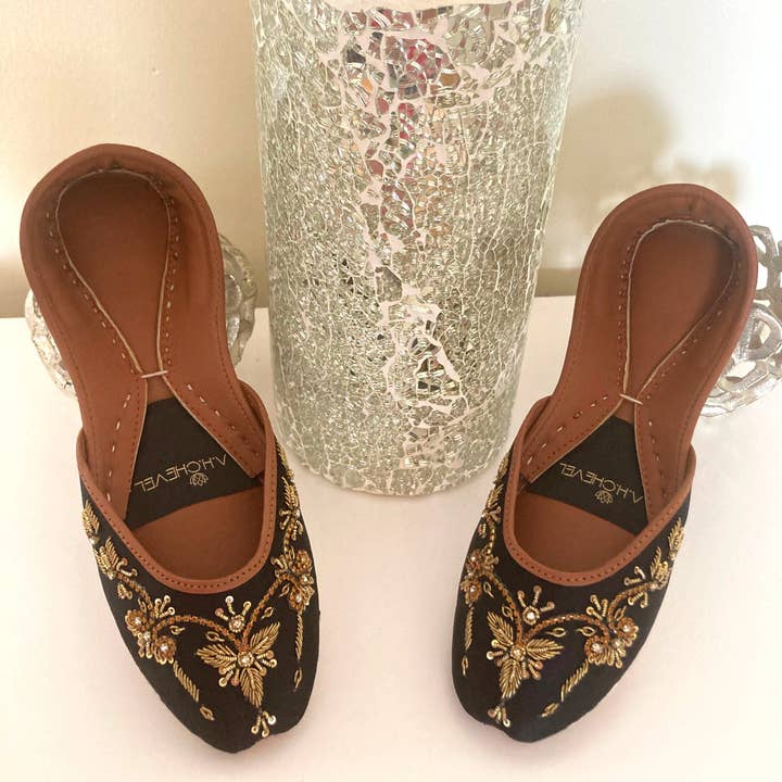 Winged Glory Golden Embellished Premium Black Wedding Khussa Flats with Low Heels for wholesale on Faire