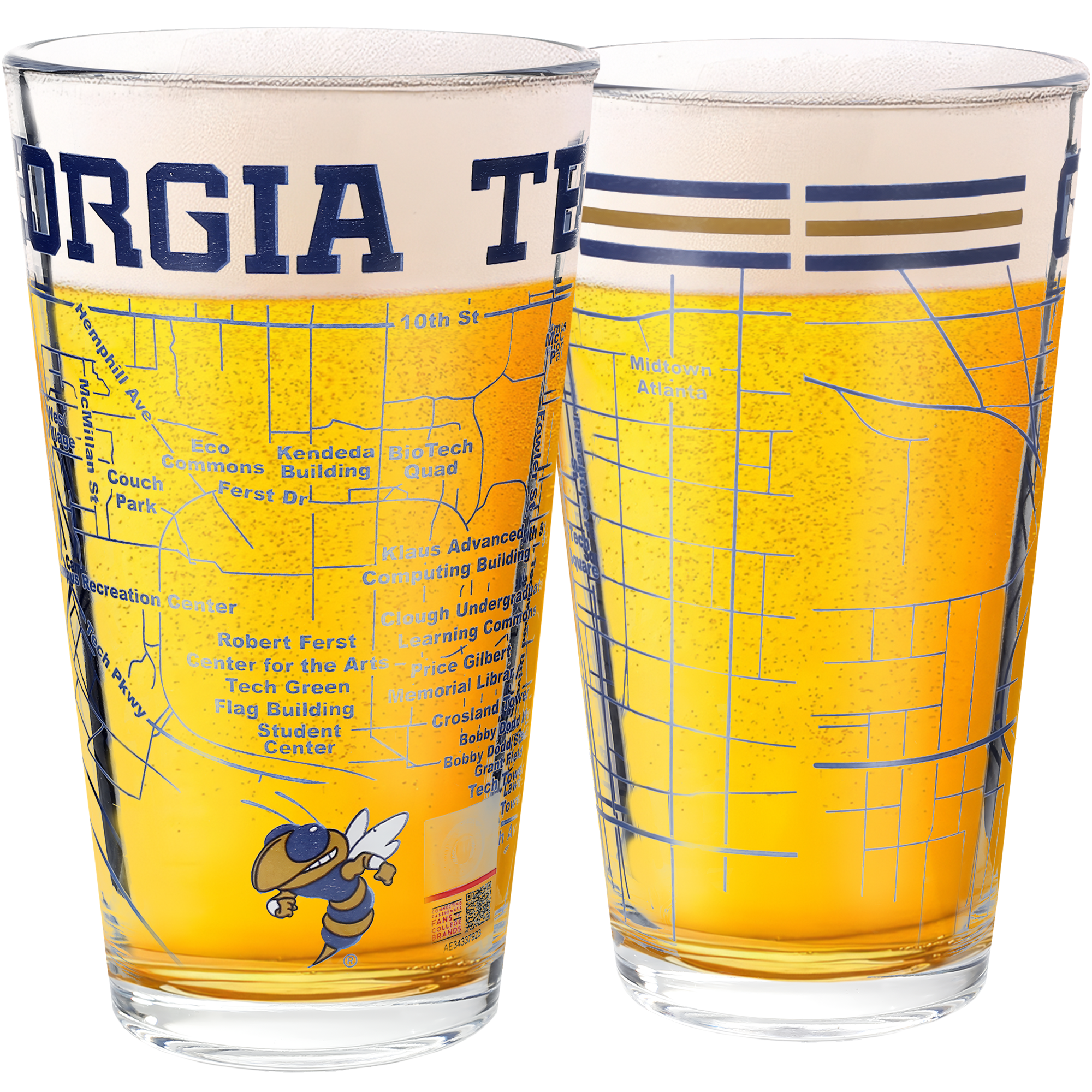 Greenline Goods - Vente Verre/chope à bière - Verres à bière de l'université Georgia Tech Yellow Jackets (ensemble de 2), 16 oz – Logo en couleur + Carte du campus0
