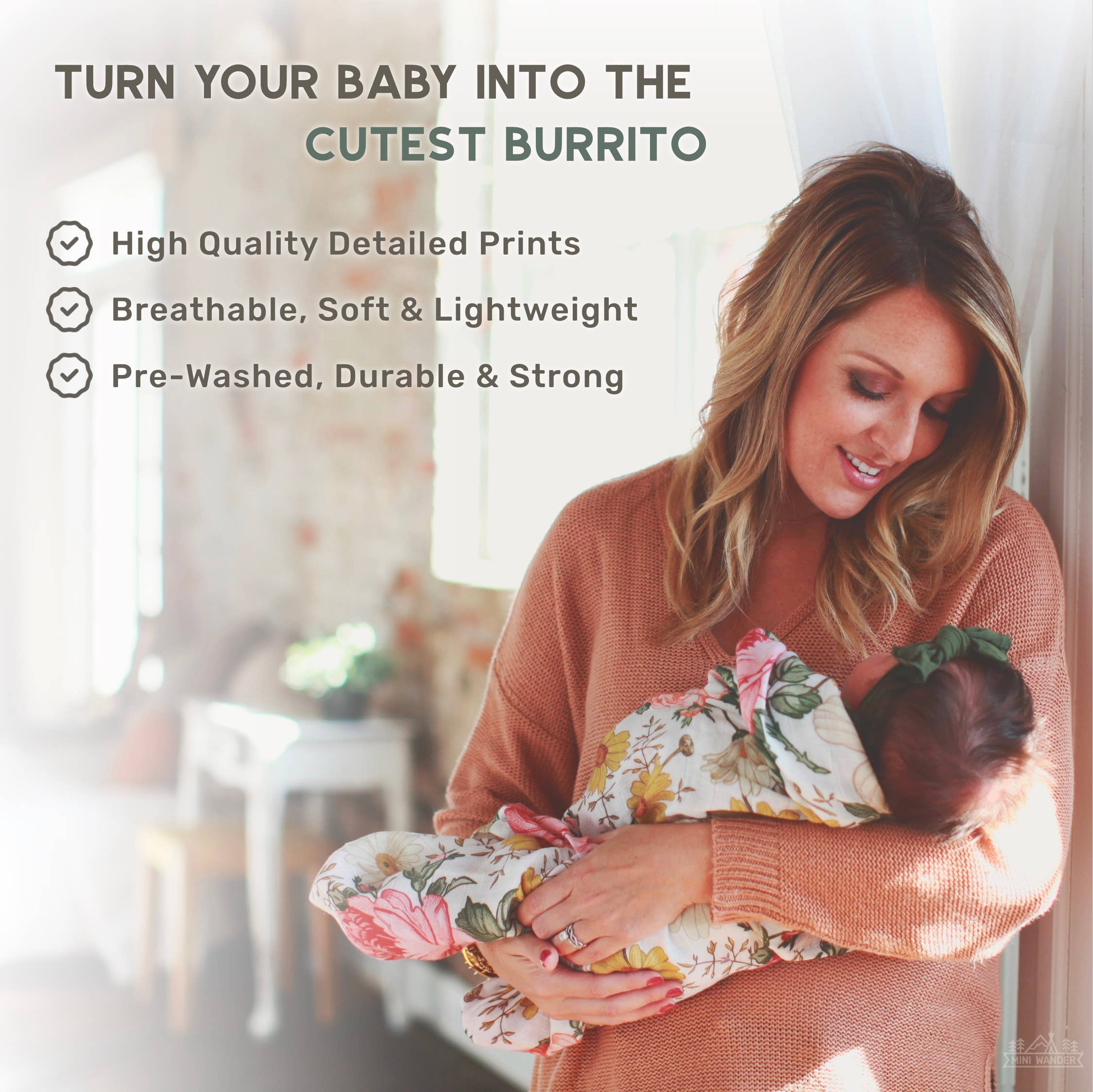 Mini Wander, LLC - Venta al por mayor Mantita - Bebé - Mantel de muselina blanca con estampado floral para jardín1