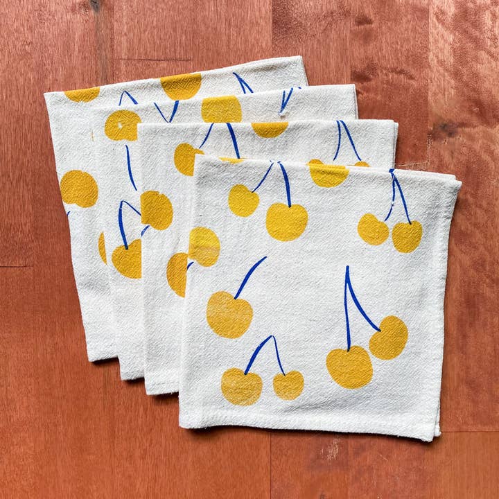 Bright Beige – wholesale Dinner & cloth napkin – Yellow Cherries Hand Printed Cotton Napkins, Set of 41