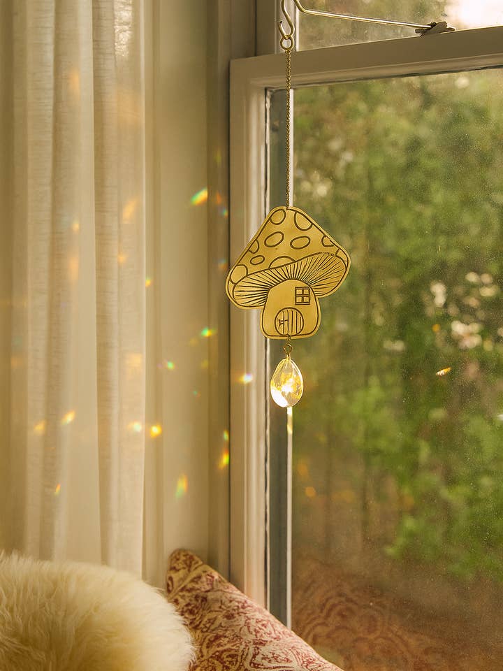 Surya Mushroom Engraved Brass Suncatcher for wholesale by Matr Boomie Fair Trade