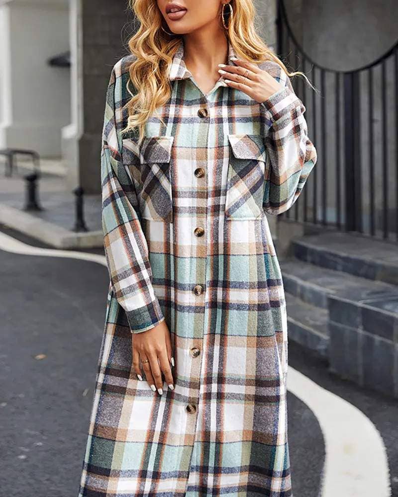 VERDE chaqueta larga estampada con botones y hombros descubiertos de venta al por mayor en Faire3